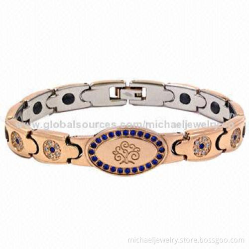 Magnetic Stainless Steel Bracelets with 84pcs of Blue and White CZ Stones and IP Rose Gold Plating